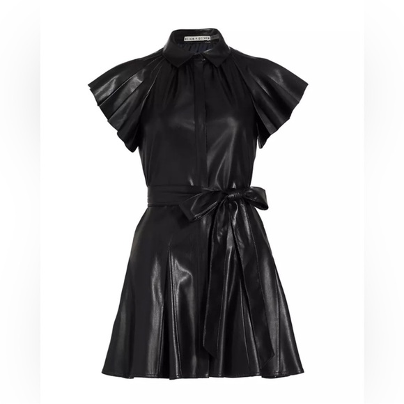 Alice & Olivia Black McKell Vegan Leather Flutter-Sleeve Mini Dress - Picture 2 of 7